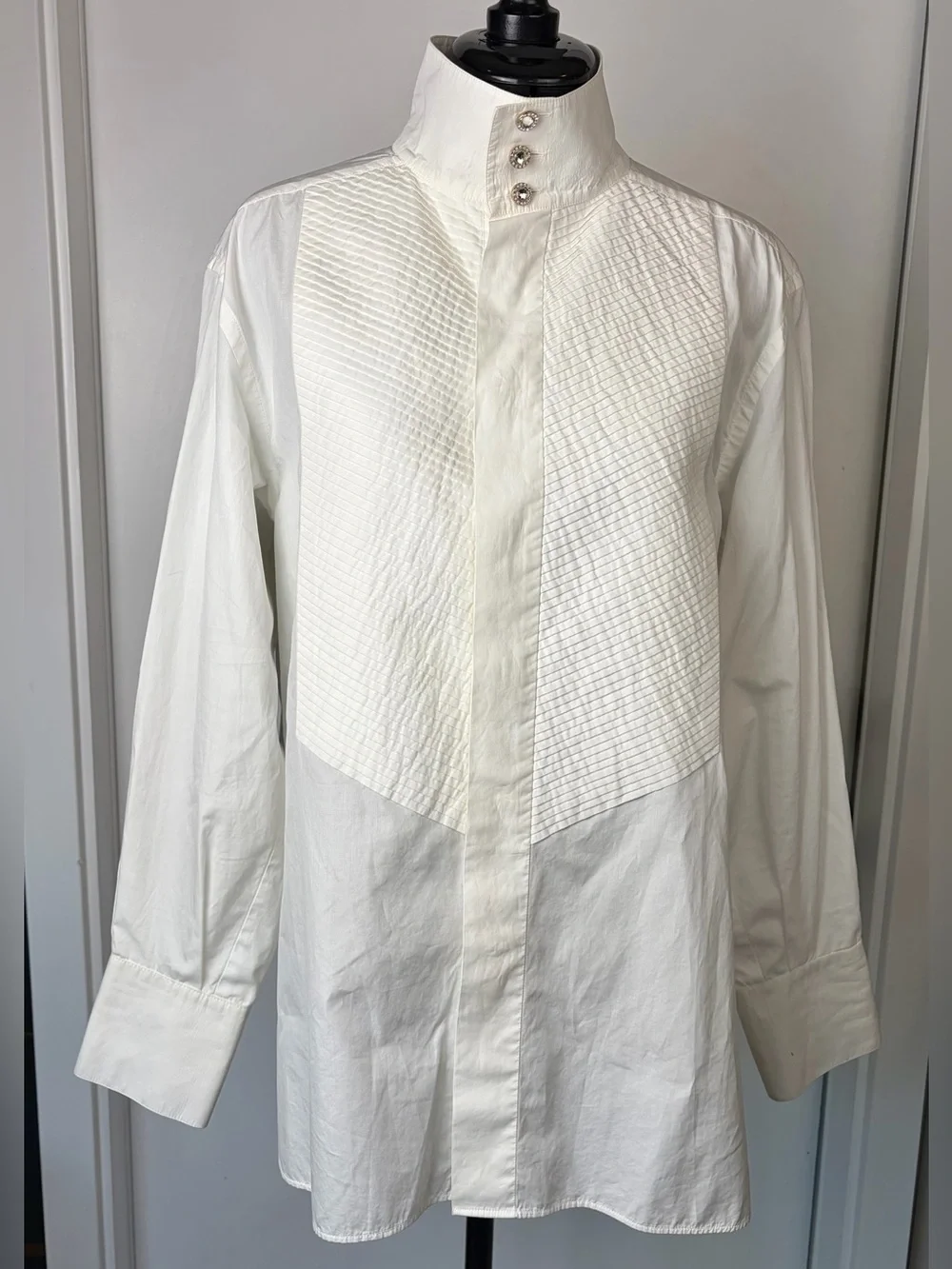 CHANEL VTG 08 Tux Shirt, crystal CC buttons, white, FR46, (fits like M),EUC